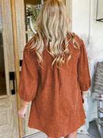 Bracelet Sleeve Split Neck Scallop Detail Pleated Corduroy Mini Dress