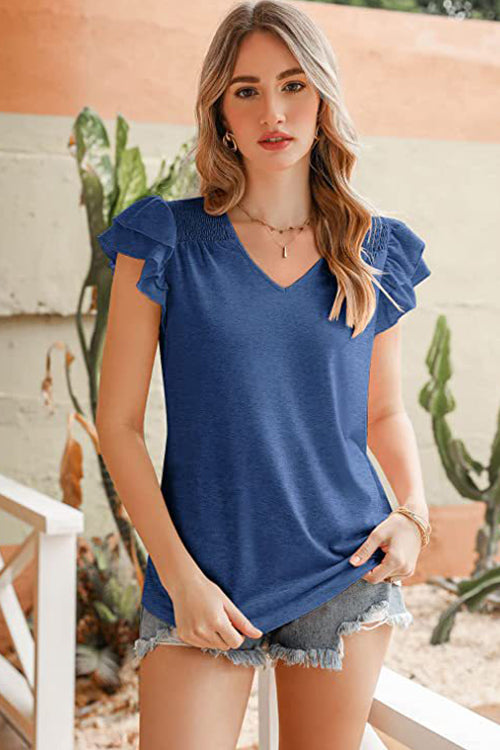 Solid Color V-neck Ruffle Short Sleeve