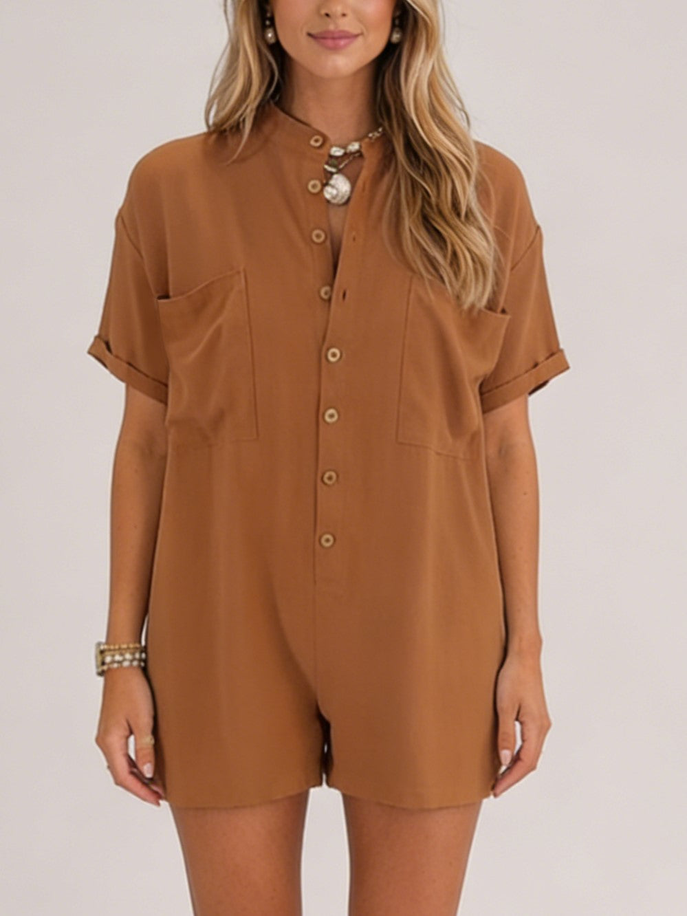 Women's Mandarin Collar Short Sleeve Romper