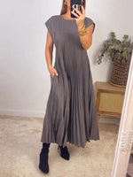 Women's Cap Sleeve Pleated Flowy Maxi Dress