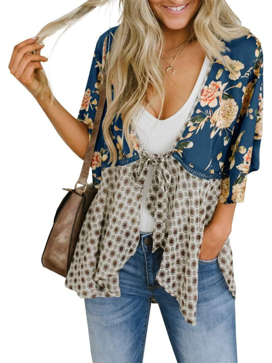 Summer Floral Kimono Ruffle Sleeve Tie Cardigans