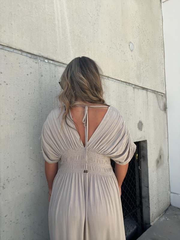 V-neck Dress With Slit And Gathered Waist