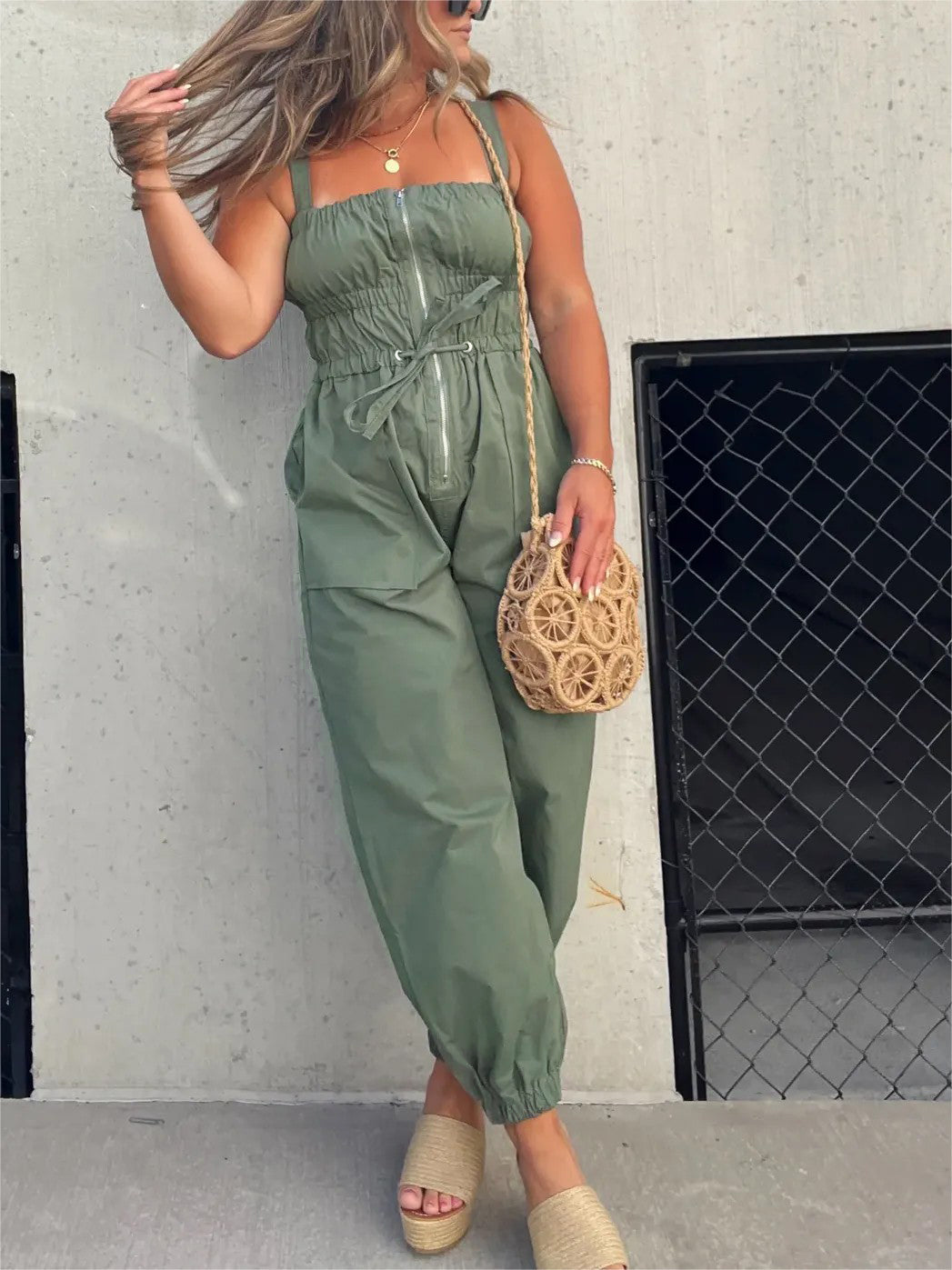 Loose Pleated Elasticated Front Zip Drawstring Jumpsuit