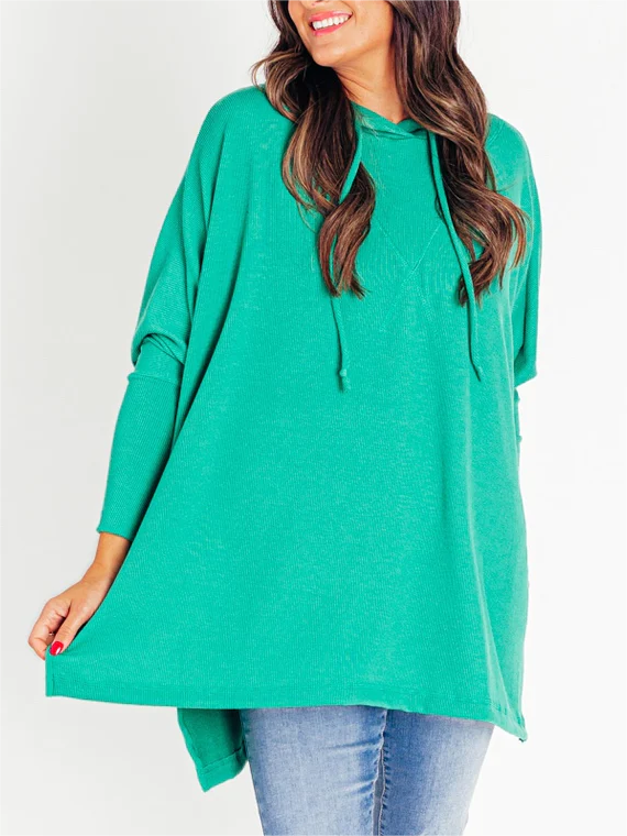 Women's Oversized Bat Sleeve Ribbed Hooded Pullover