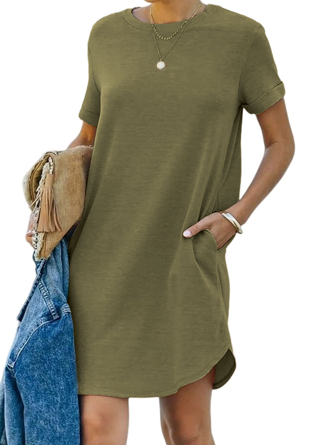 Women's Casual Short Sleeve T-shirt Dress with Pocket