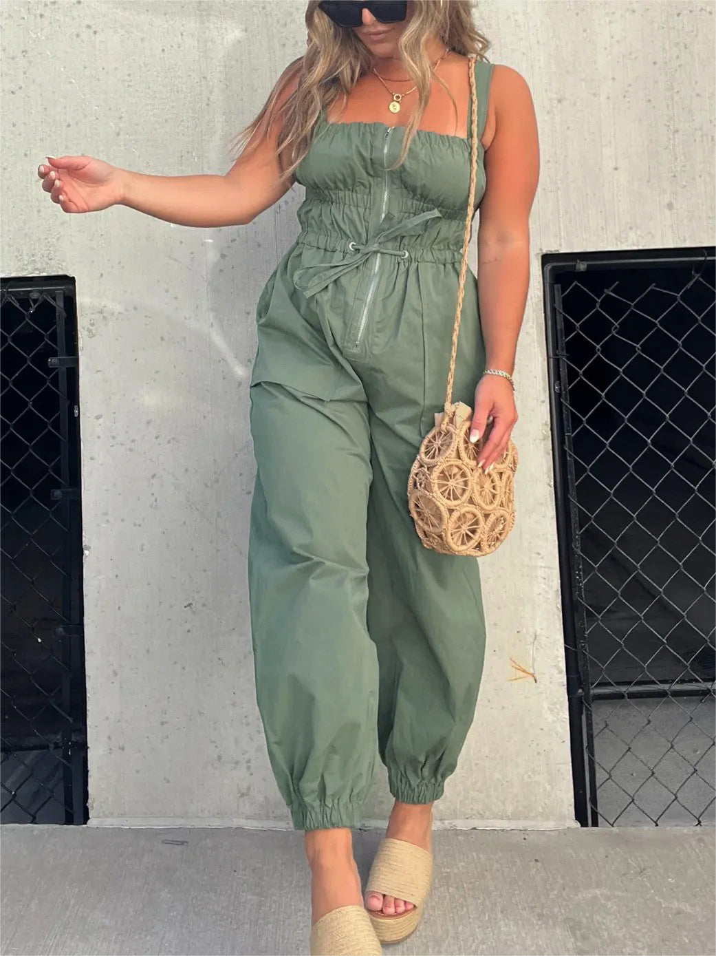 Hot Sale Ruched Elastic Cargo Jumpsuit