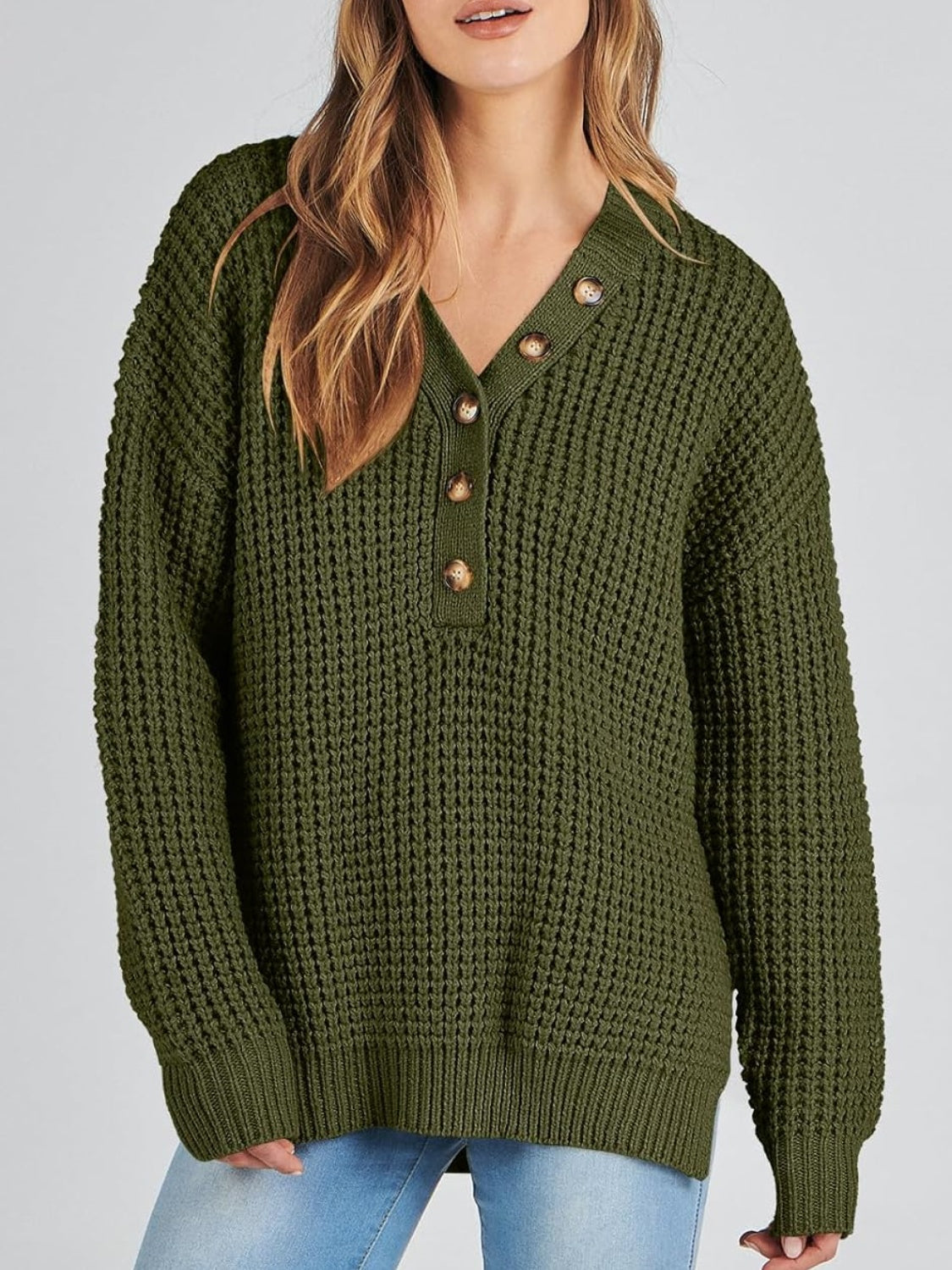 Women's Waffle Side Slit Knit Sweater