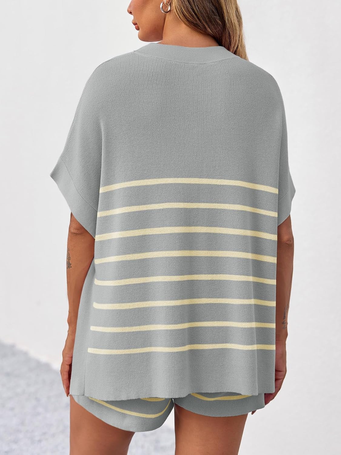 Women's Striped Batwing Short Sleeve Tops High Waisted Shorts Knit Lounge Sets