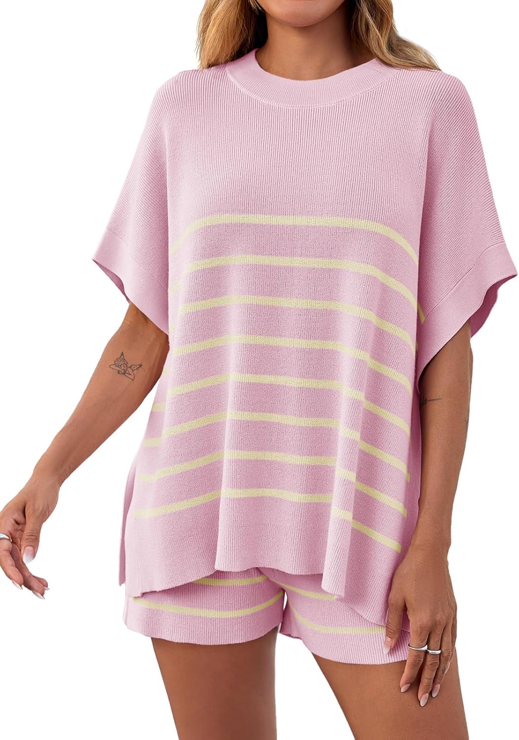 Women's Striped Batwing Short Sleeve Tops High Waisted Shorts Knit Lounge Sets