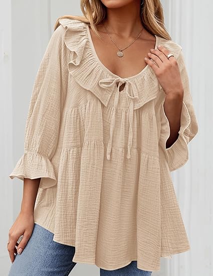 Women's 3/4 Sleeve Tie-Front Ruffled Babydoll Blouse