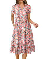 Women's Summer Casual Short Sleeve V Neck Tiered Midi Dress
