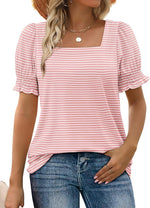 Women's Square Neck Smocked Sleeve Casual Tops