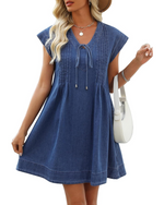 Women's V-neck Pleated Denim Dress with Pockets
