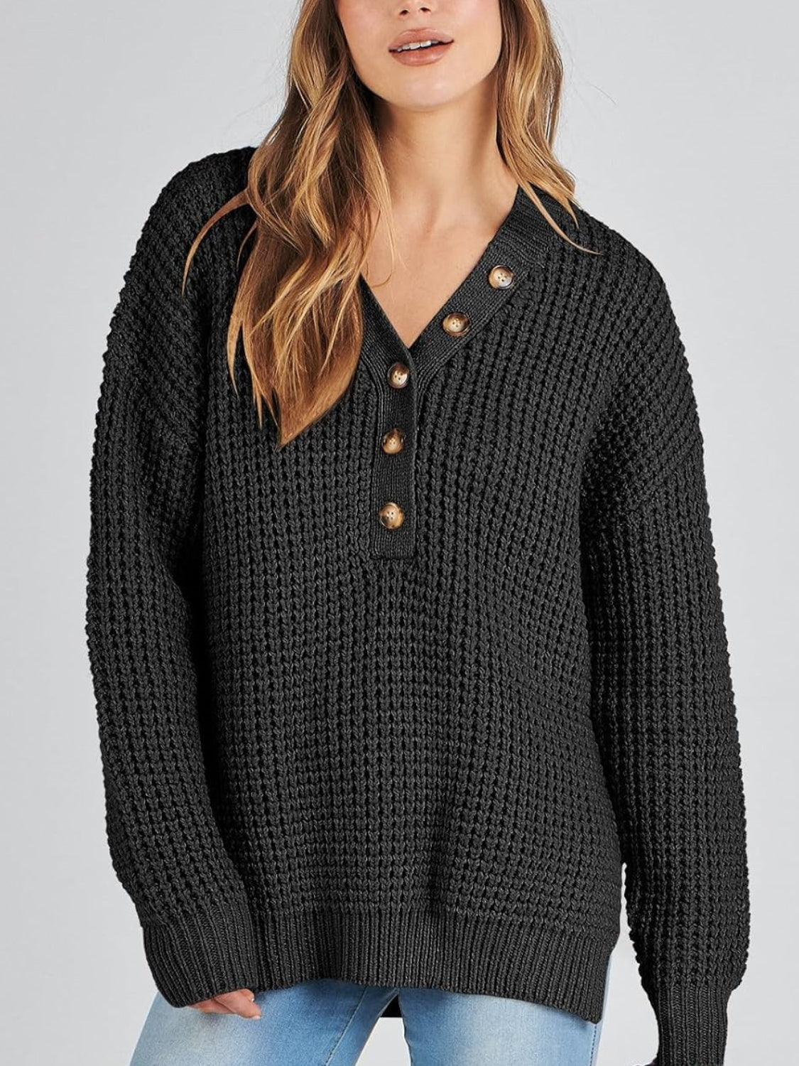 Women's Waffle Side Slit Knit Sweater