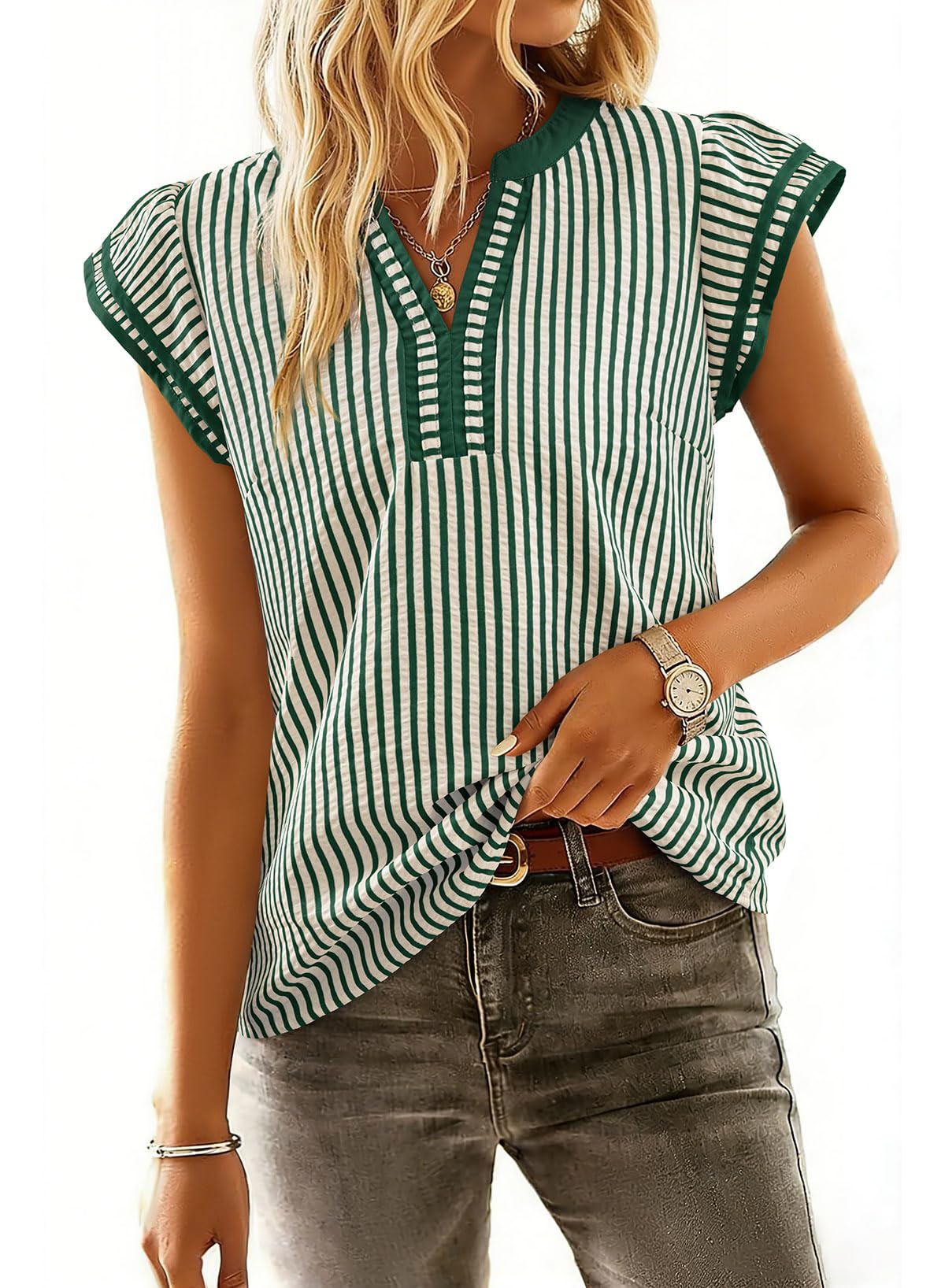 Women's Casual V Neck Flutter Sleeves Striped Top
