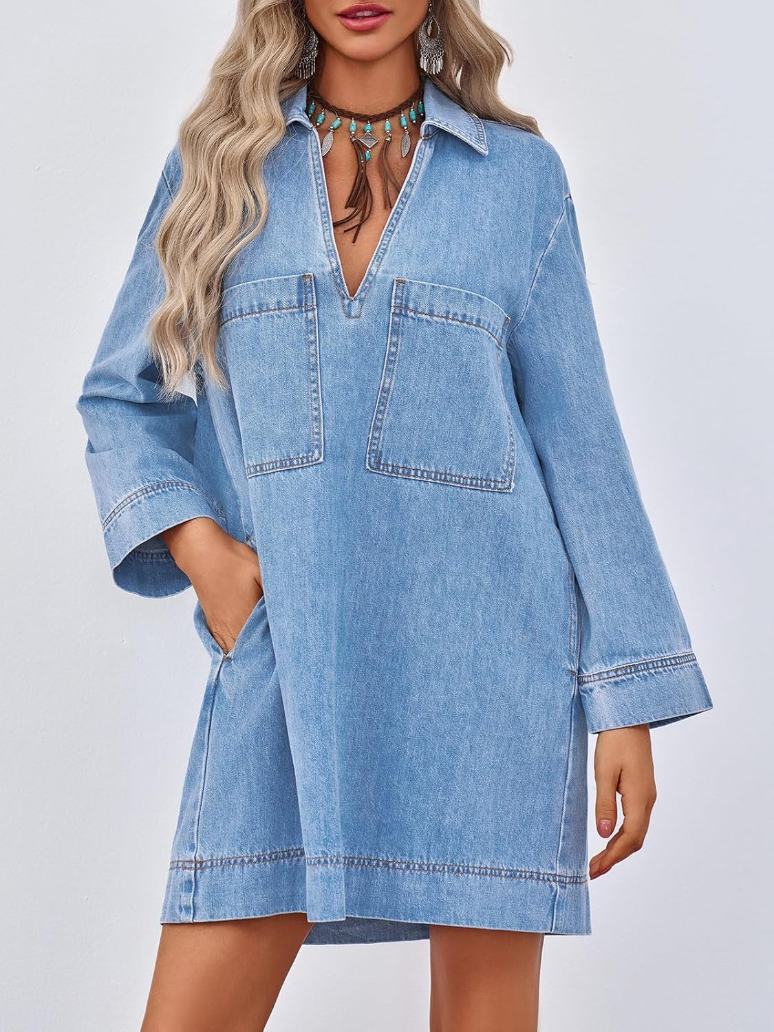 Women's Deep V Neck Denim Shirt Dress with Pockets