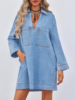 Women's Deep V Neck Denim Shirt Dress with Pockets