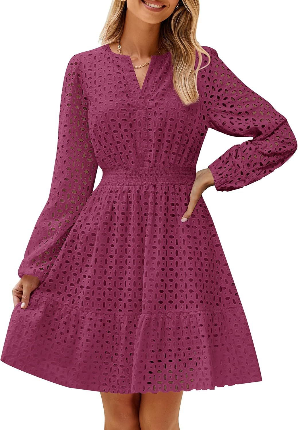 Women's Long Sleeve Hollow Out Eyelet Dress