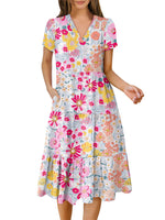Women's Summer Casual Short Sleeve V Neck Tiered Midi Dress