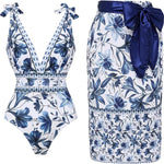 Adjustable Shoulder Floral Print One Piece Swimsuit with Skirt/Sarong