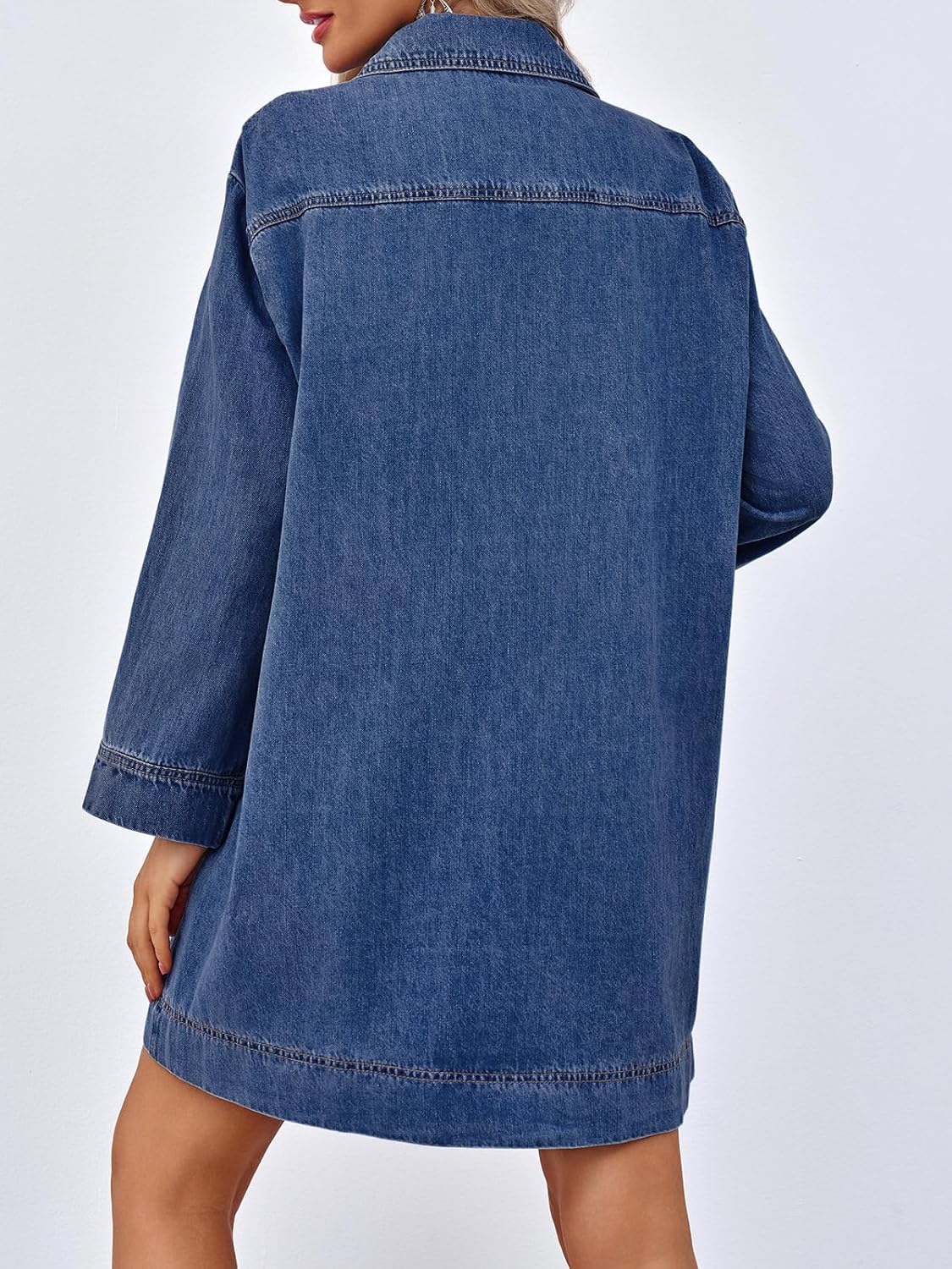 Women's Deep V Neck Denim Shirt Dress with Pockets
