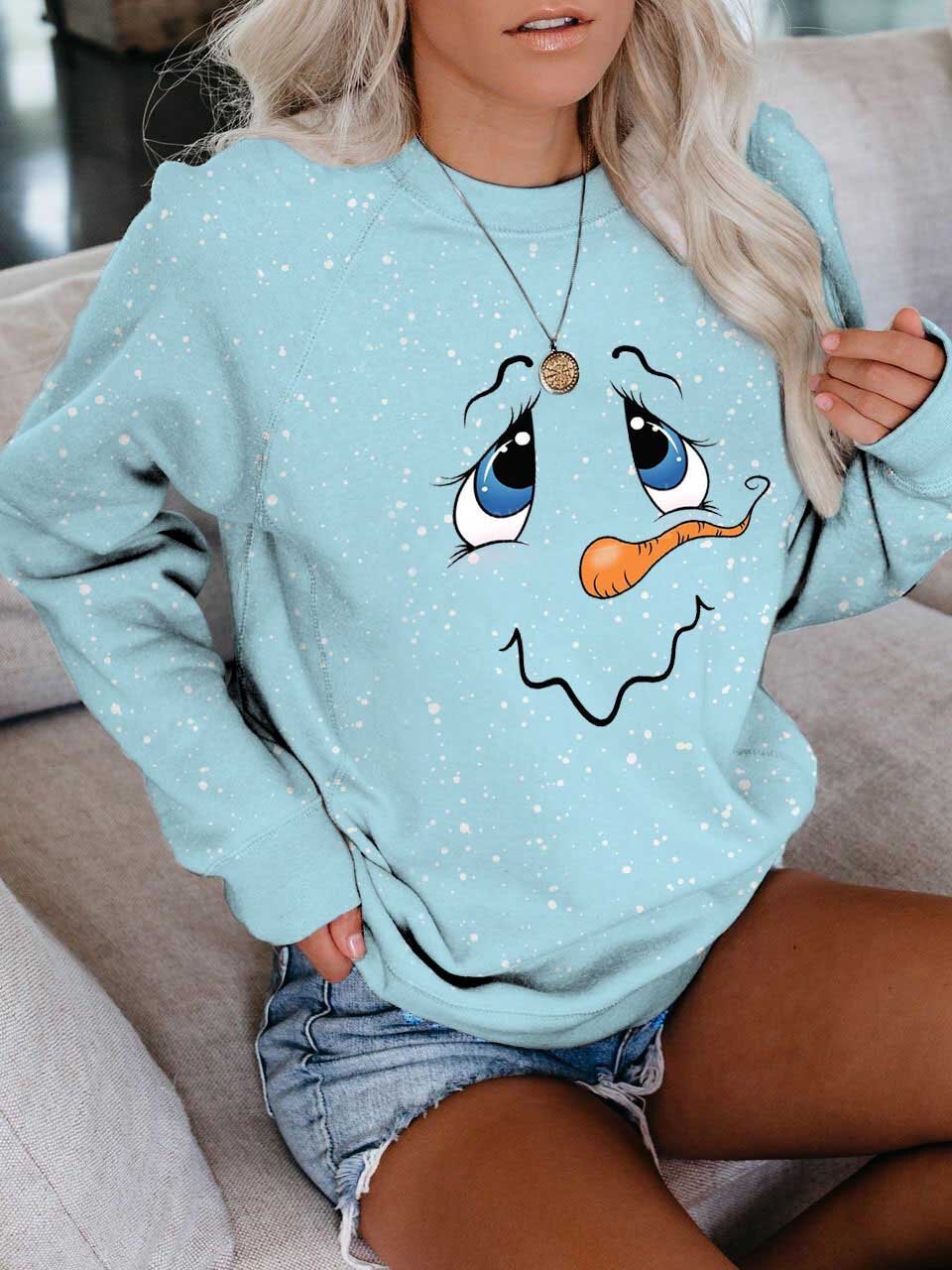 Women's Cute Snowman Face Print Long Sleeve Sweatshirt