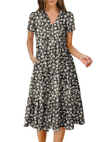 Women's Summer Casual Short Sleeve V Neck Tiered Midi Dress