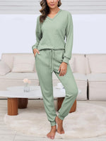 Women's V Neck Waffle Knit Two Piece Lounge Sets