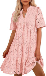 Women's V Neck Short Sleeve Hollow Out Mini Vacation Dress