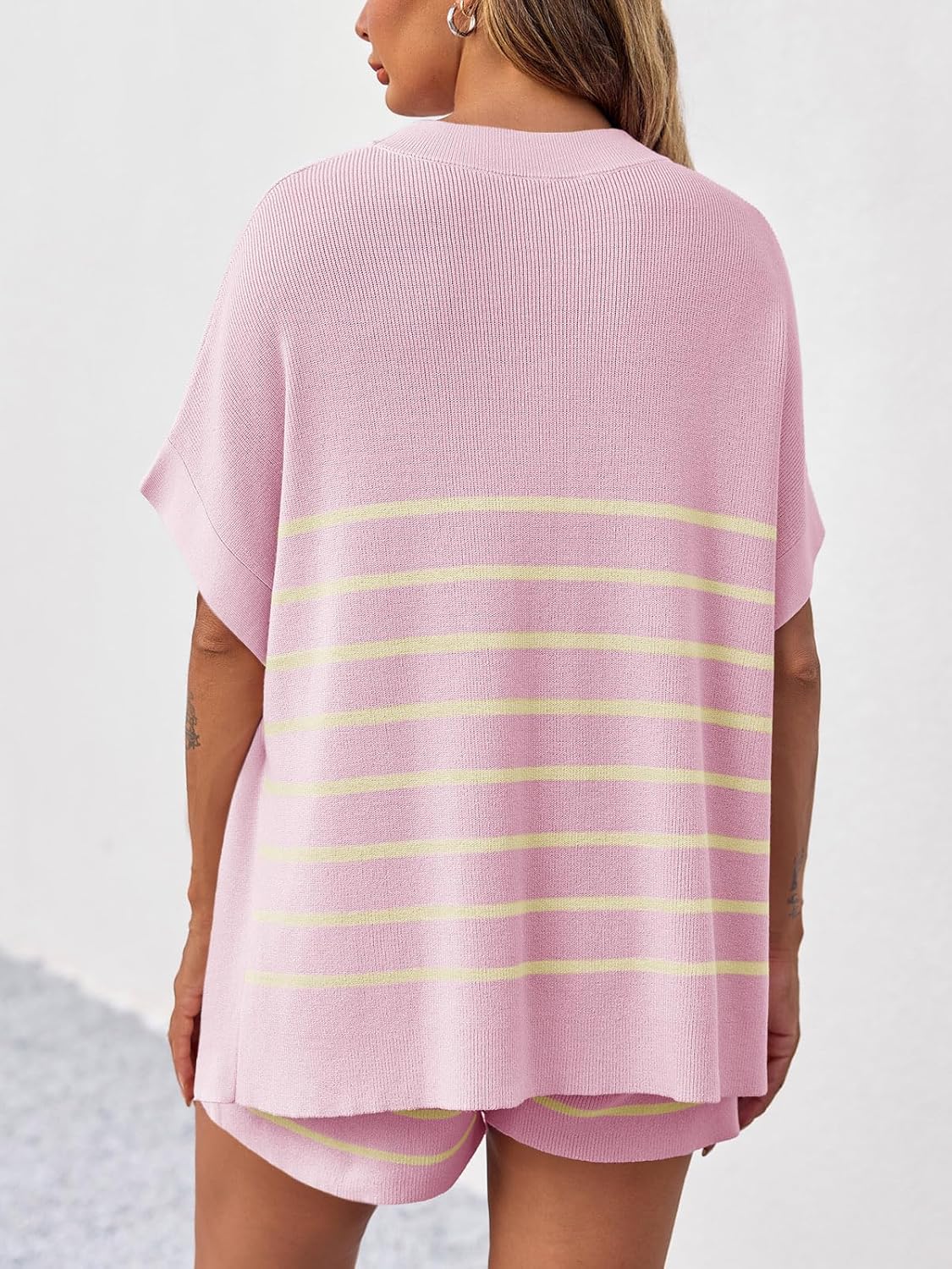 Women's Striped Batwing Short Sleeve Tops High Waisted Shorts Knit Lounge Sets