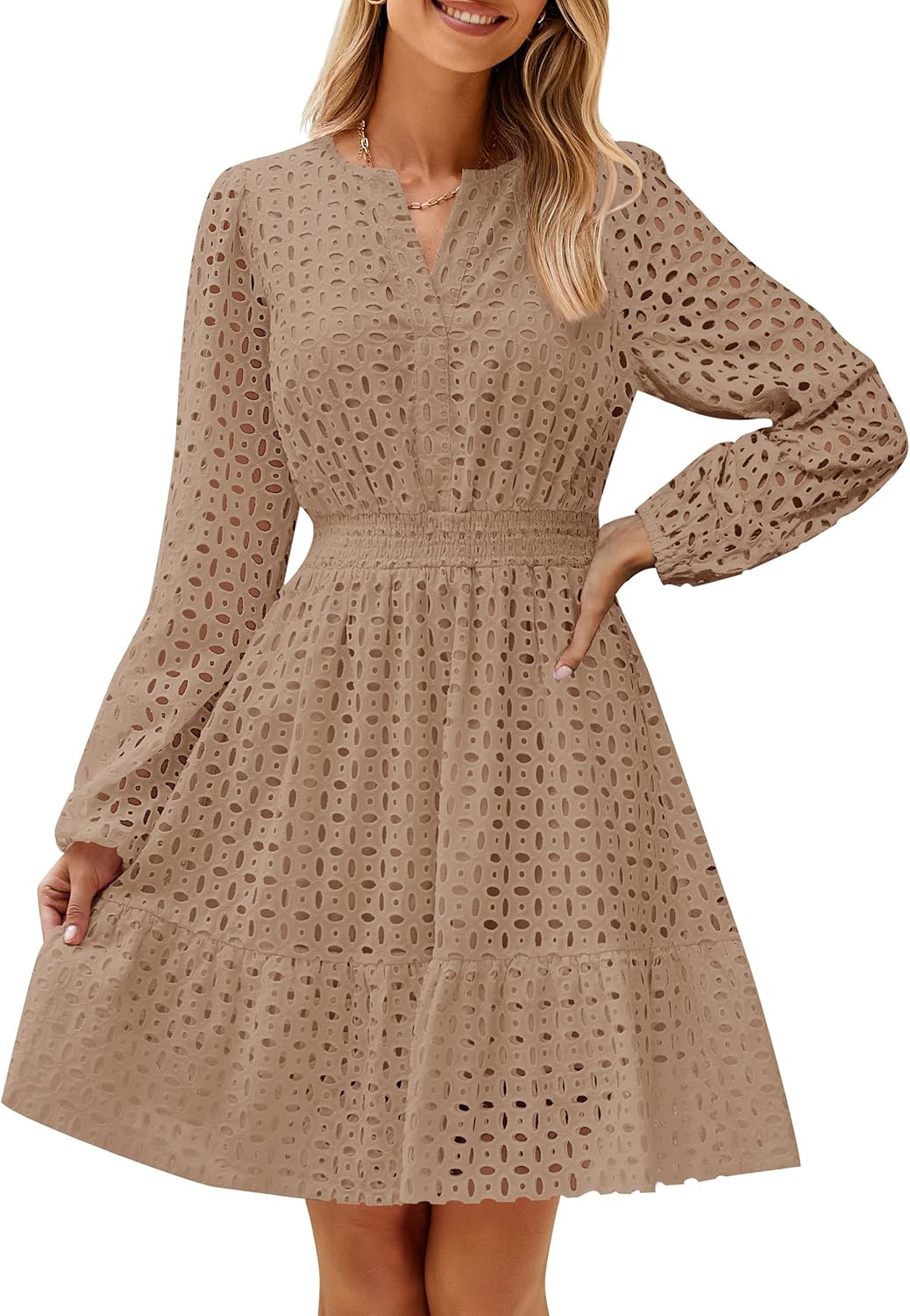 Women's Long Sleeve Hollow Out Eyelet Dress