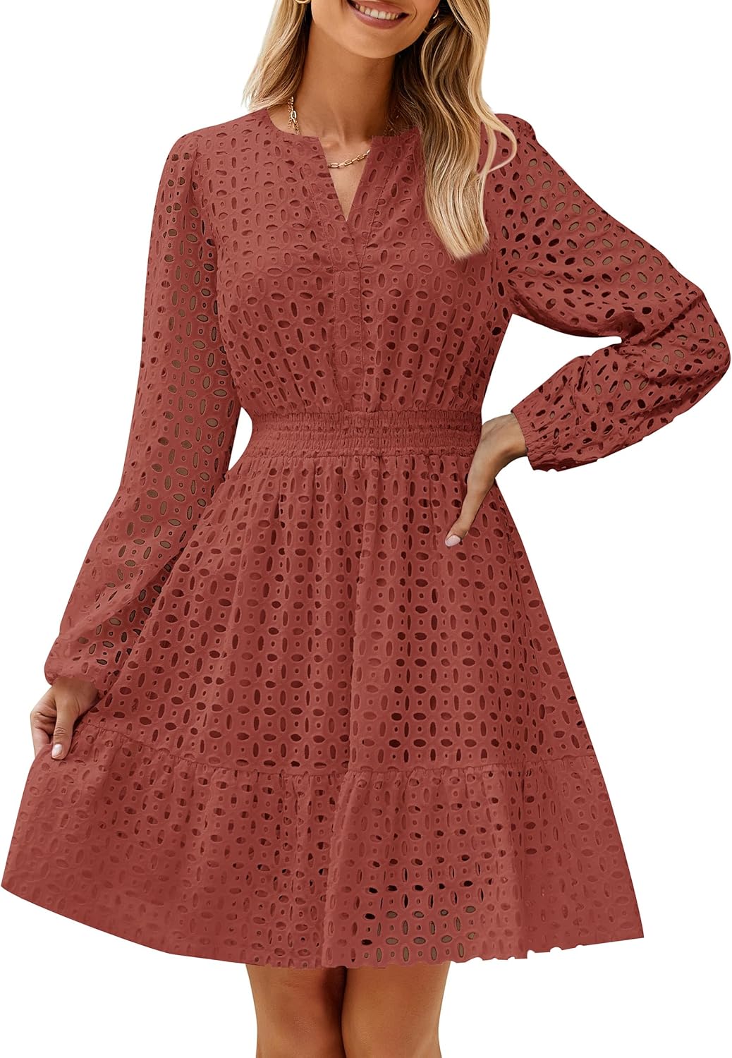 Women's Long Sleeve Hollow Out Eyelet Dress