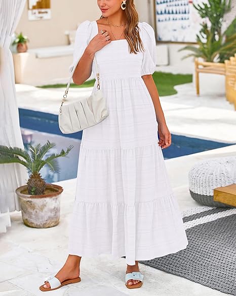 Puff Sleeve Smocked FlowyMidi Dress