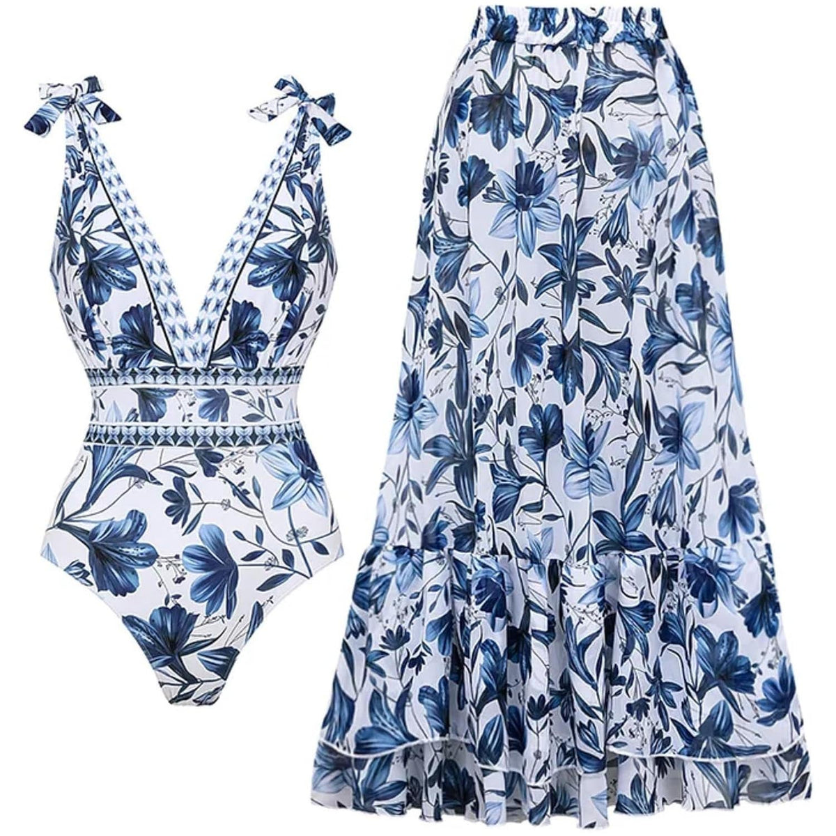 Adjustable Shoulder Floral Print One Piece Swimsuit with Skirt/Sarong