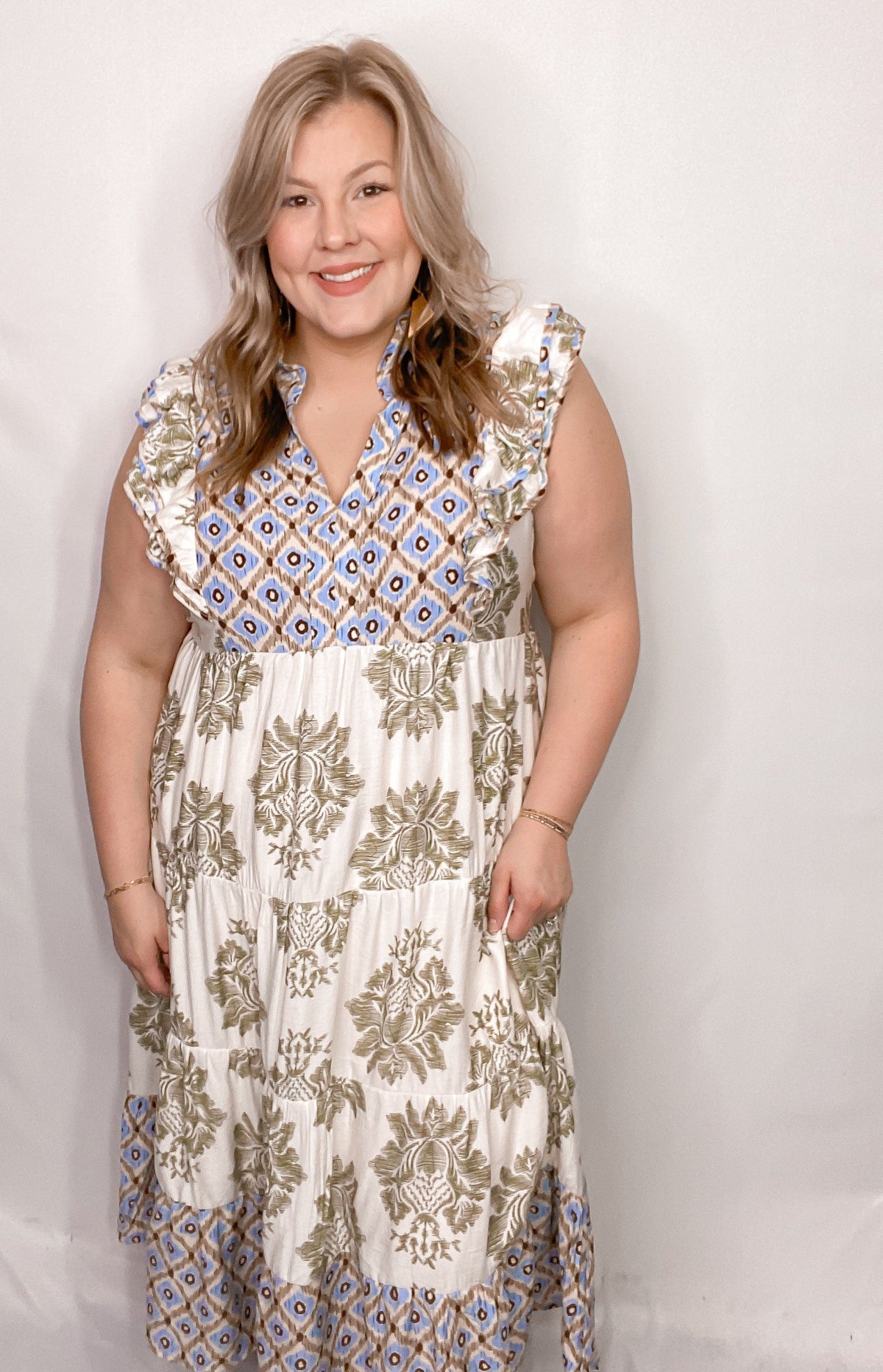 Women's Casual Printed Ruffle Sleeve Midi Dress