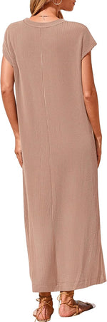 Women's Ribbed Henley Button Up Split Long Dress