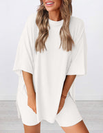 Women's Round Neck Side Slit Short Sleeve Top Tight Shorts Set