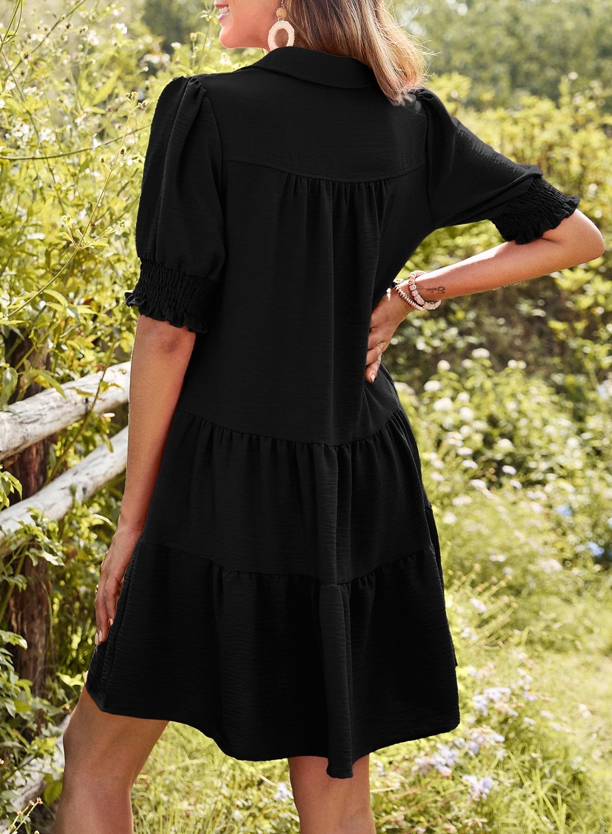 Women's Smocked Sleeve Tiered V-Neck Mini Dress
