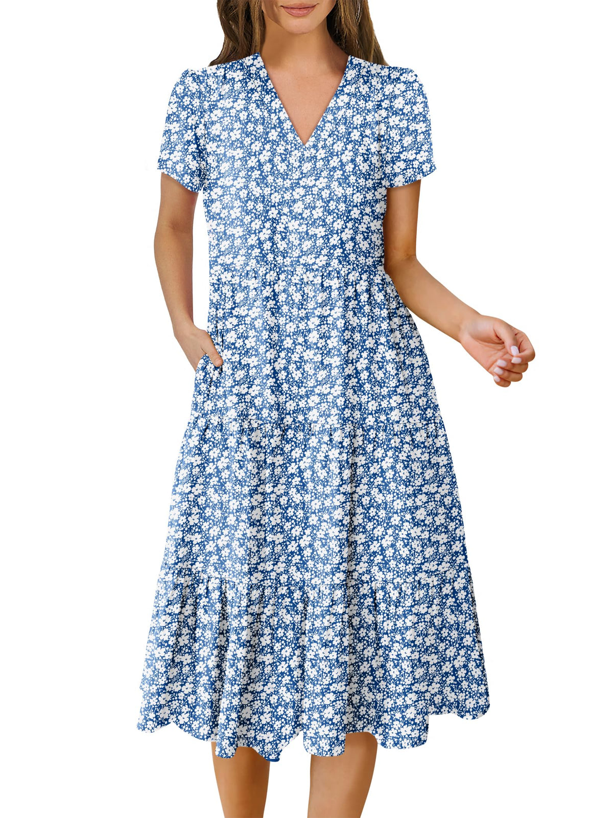 Women's Summer Casual Short Sleeve V Neck Tiered Midi Dress