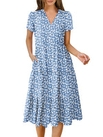 Women's Summer Casual Short Sleeve V Neck Tiered Midi Dress