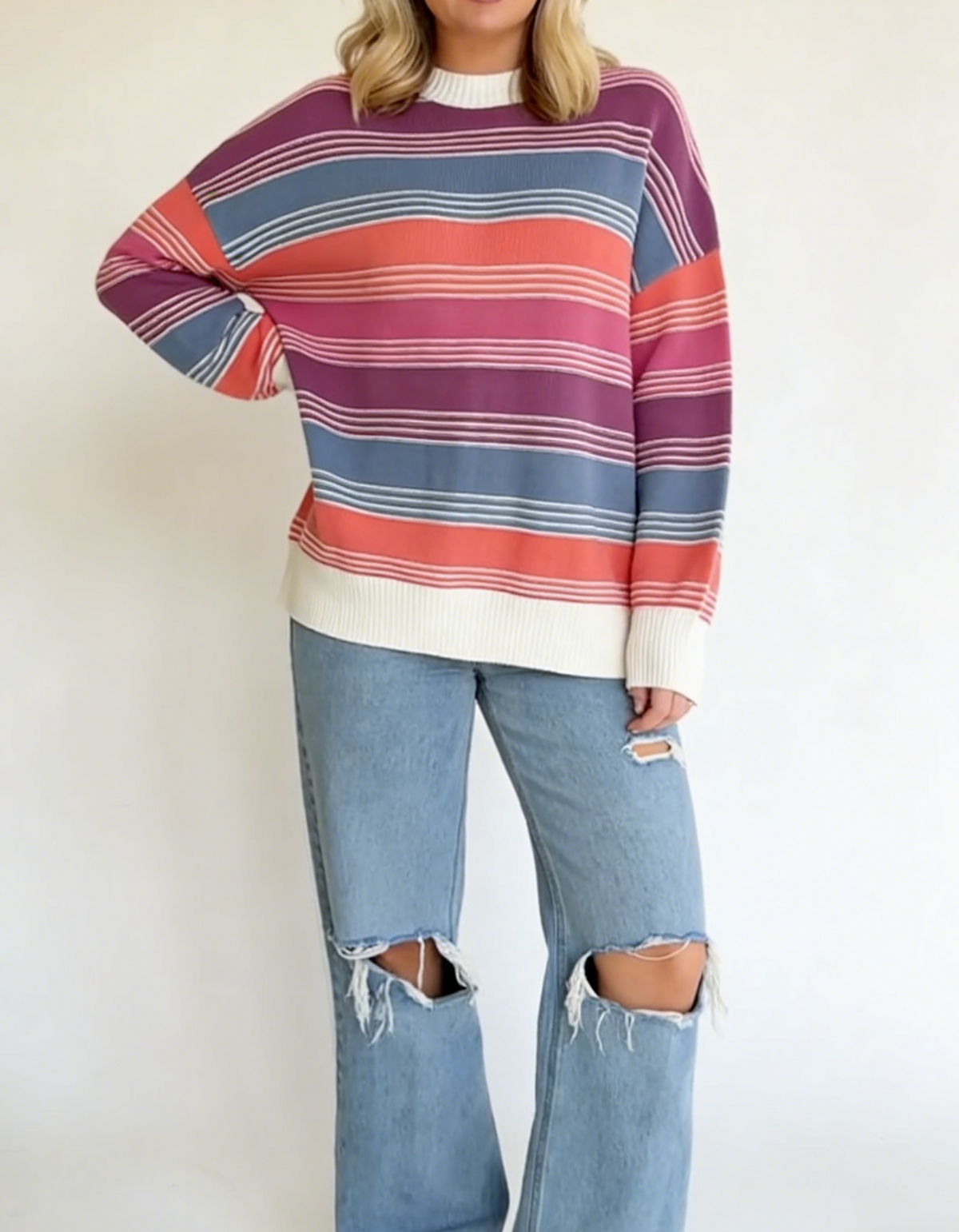 Women'S Colorful Striped Crew Neck Sweater