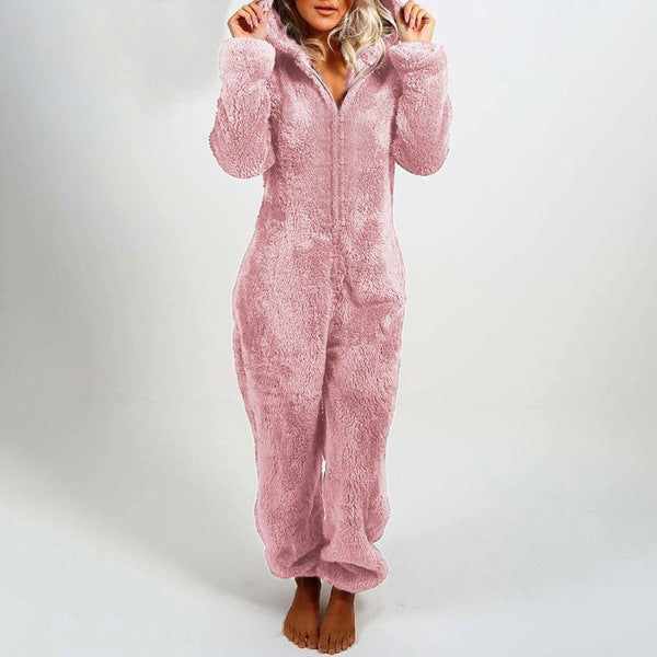 Women's Pajamas Furry Zipper Jumpsuit Hooded Pajamas