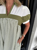 Women's V Neck Puff Sleeve Striped Shirt Dress