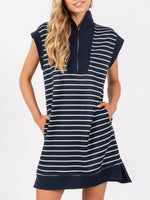 Women's Striped Knit Cap Sleeve Half-Zip Mini Dress