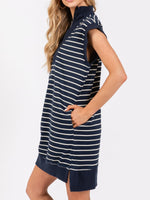 Women's Striped Knit Cap Sleeve Half-Zip Mini Dress
