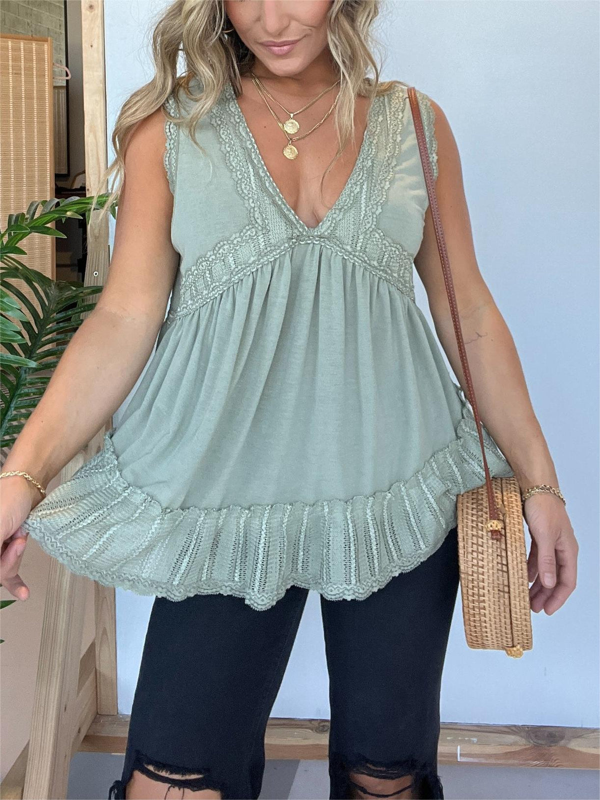 V-neckline Sleeveless Flow Top with Lace Trim