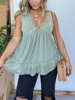 V-neckline Sleeveless Flow Top with Lace Trim