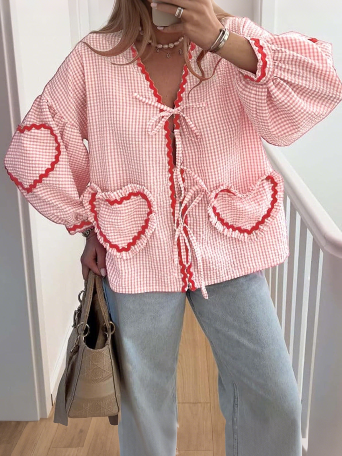 Women's Cute Tie-Front Gingham Heart Blouse