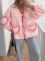 Women's Cute Tie-Front Gingham Heart Blouse