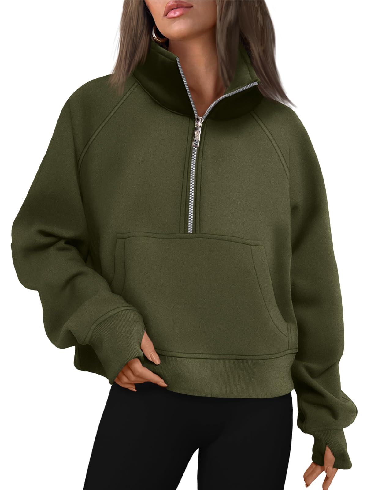 Women's Half Zip Cropped Sweatshirt With Thumb Holes